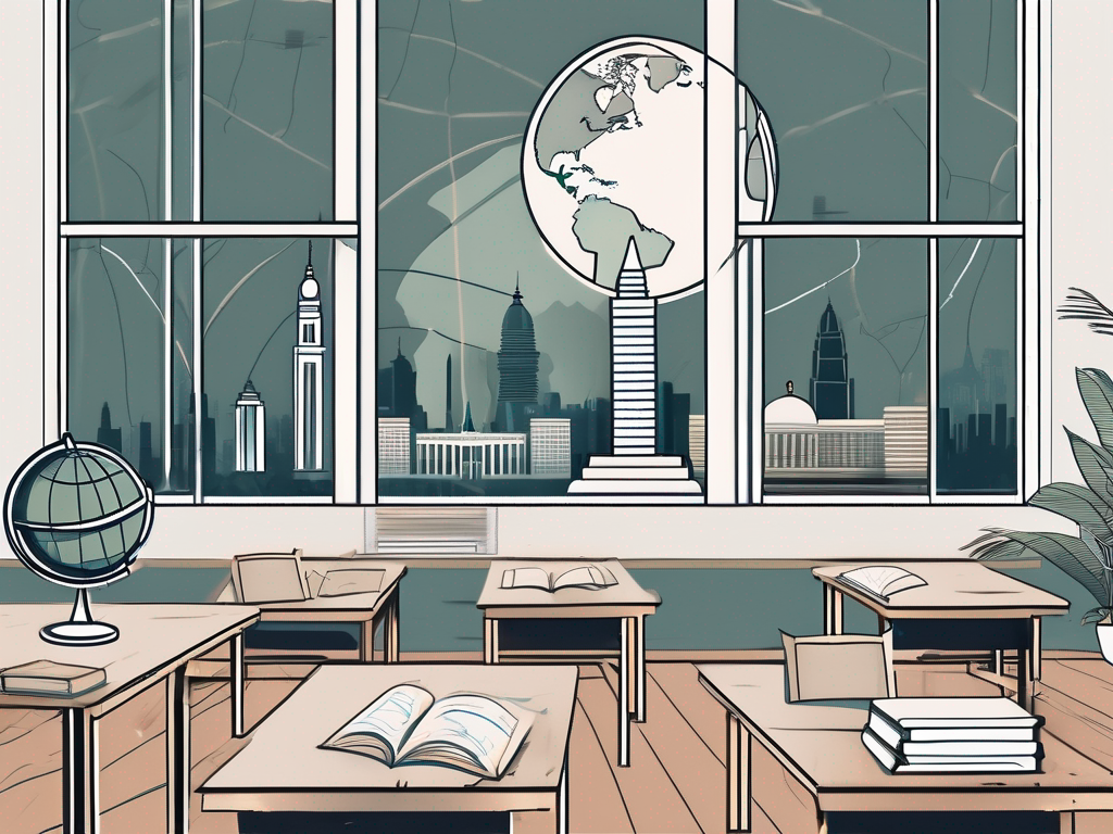 A classroom setting with a view of iconic malaysian landmarks through the window