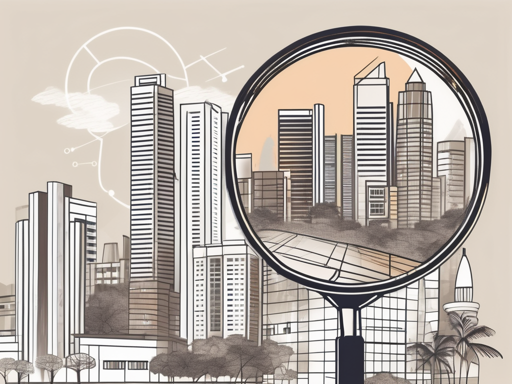 A singapore skyline with various international school buildings and a magnifying glass hovering over a contract