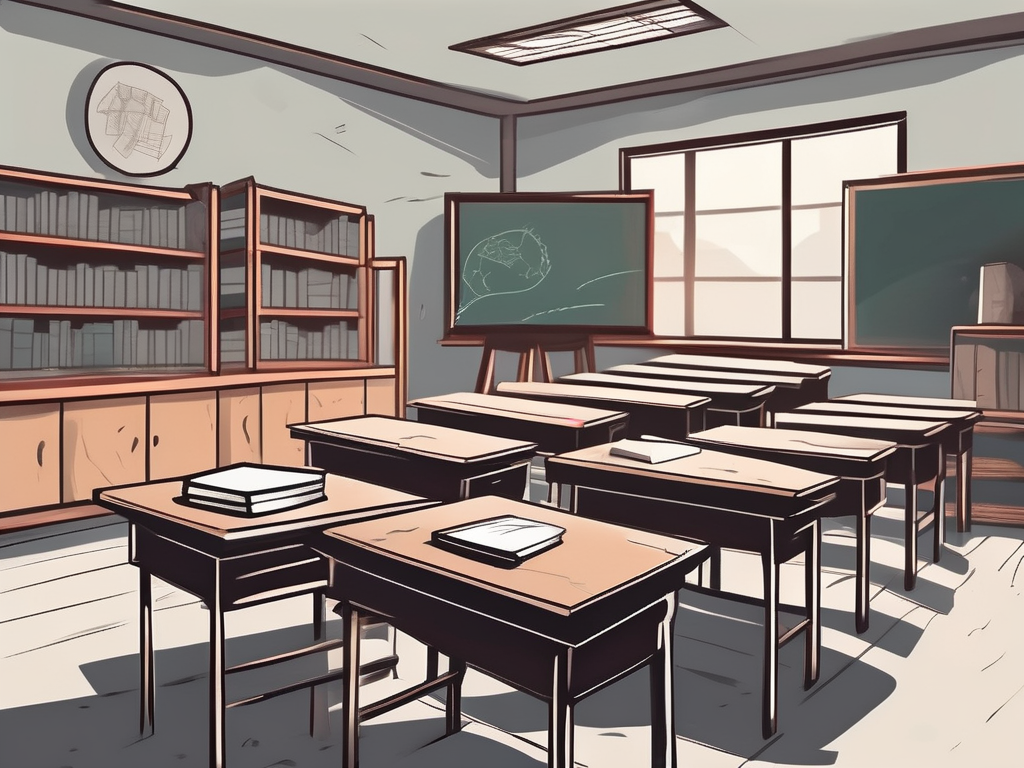 A classroom setting in china with scattered books and a chalkboard