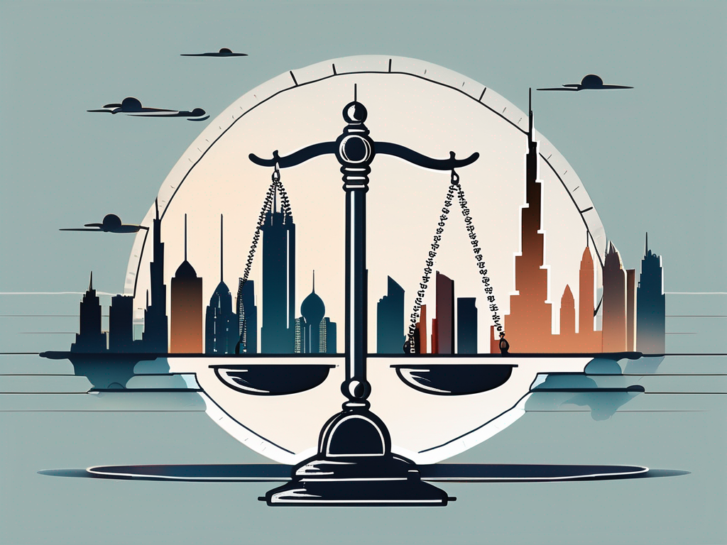 The dubai skyline with a graduation cap floating in the sky and a balance scale in the forefront