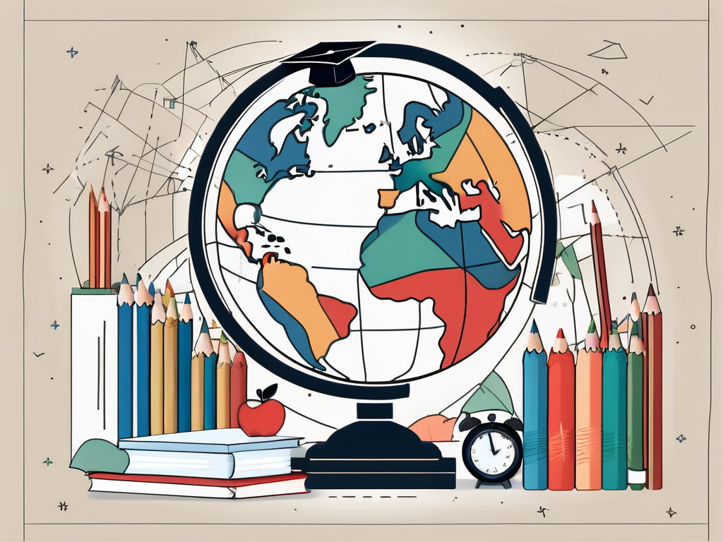 A globe surrounded by various school-related items such as books