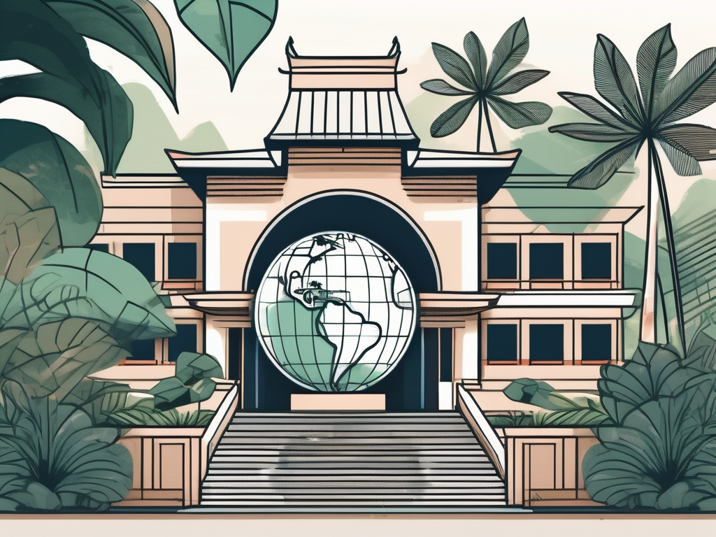 A serene indonesian school setting with lush tropical plants