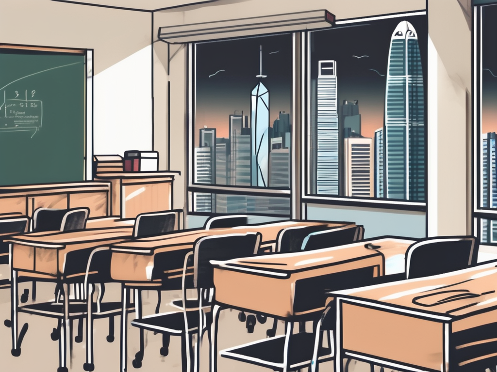 A classroom setting in hong kong with the iconic skyline in the background