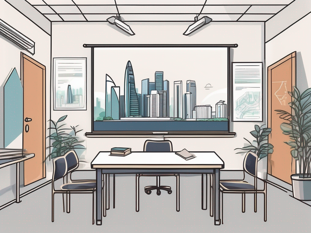 A classroom setting with singapore's iconic landmarks in the background