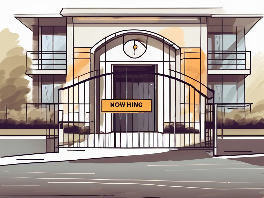 A romanian international school building with a "now hiring" sign on the gate