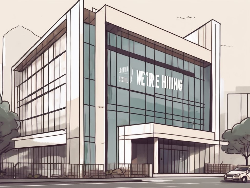 An international school building in shenzhen with a "we're hiring" banner hanging on it