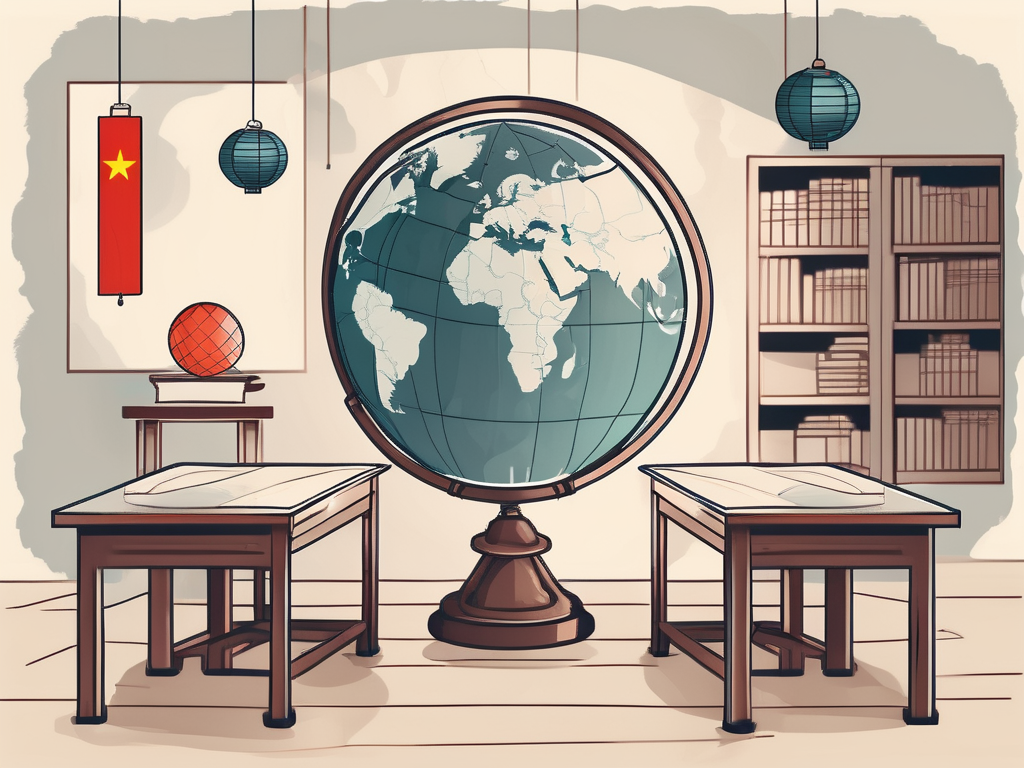 A classroom setting with global elements such as a globe