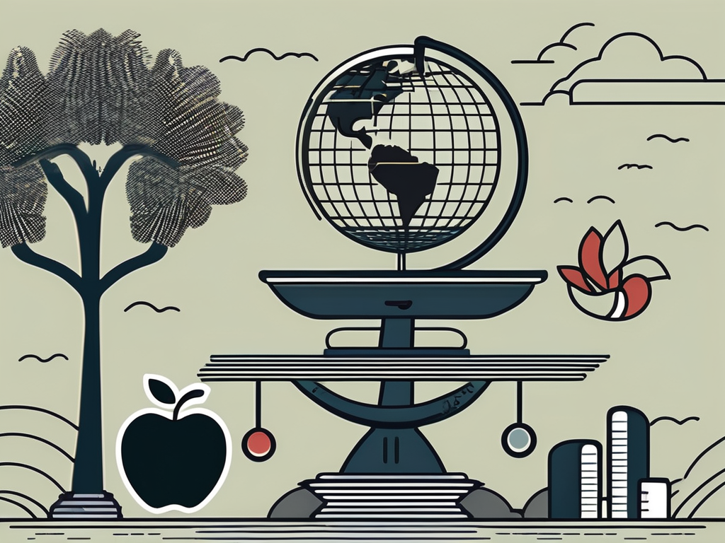 A balanced scale with one side holding typical teaching tools (like a globe