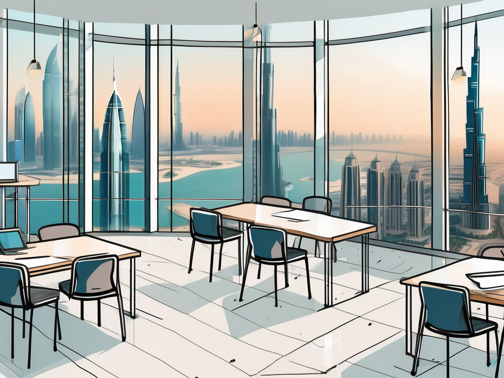 A modern classroom setting with a view of dubai's iconic skyline