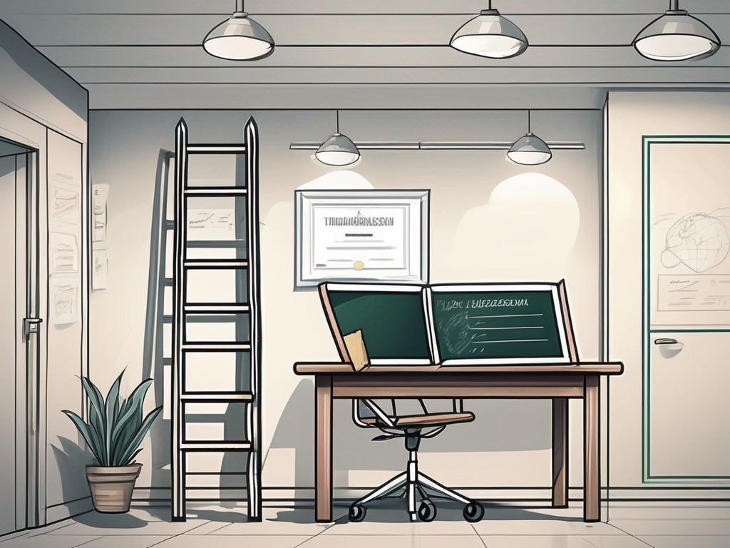 A classroom setting in thailand with a chalkboard displaying a ladder symbolizing career progression