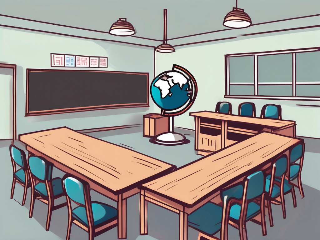 A classroom setting with a chalkboard