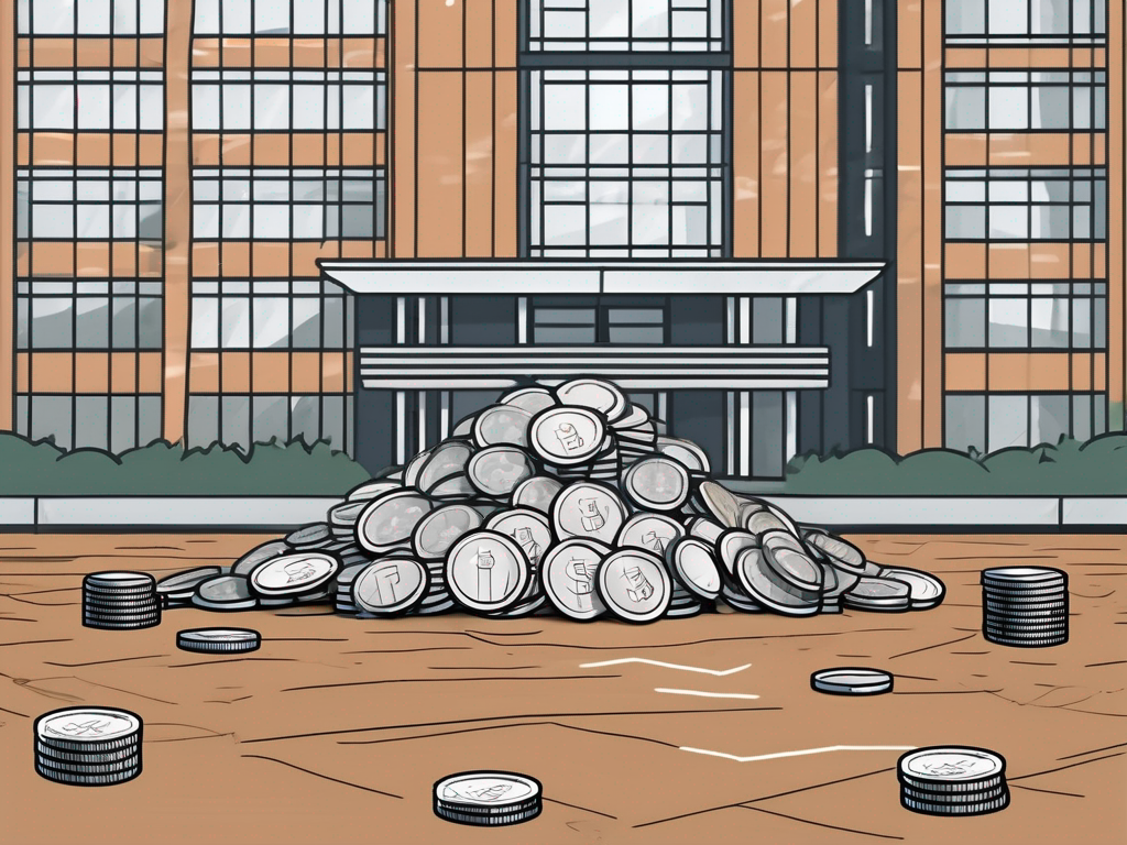 An international school building in indonesia with a pile of coins symbolizing wages in the foreground