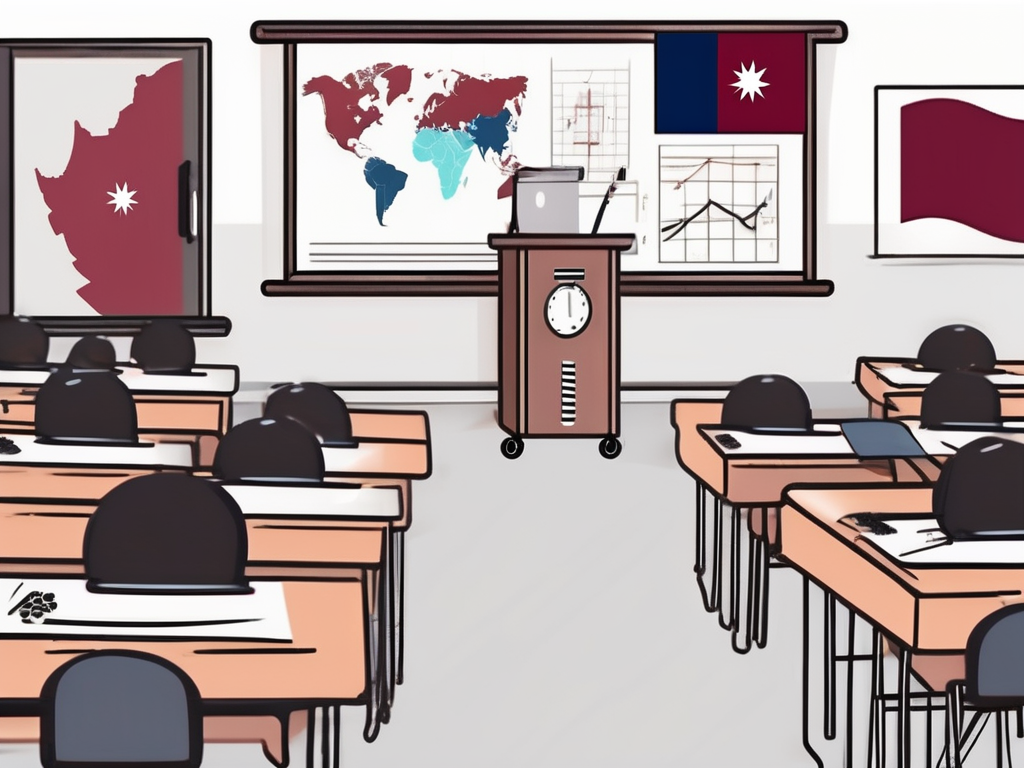 A classroom setting with various educational tools and symbols representing malaysia and qatar