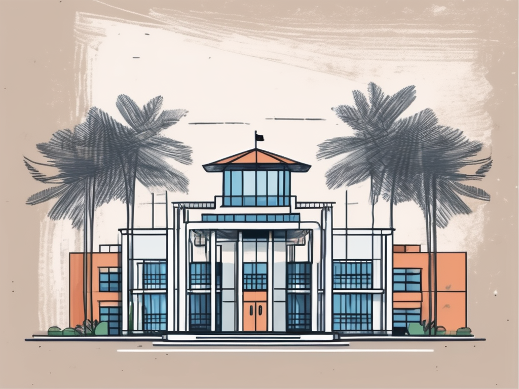 An international school building in malaysia with a large weighing scale in front