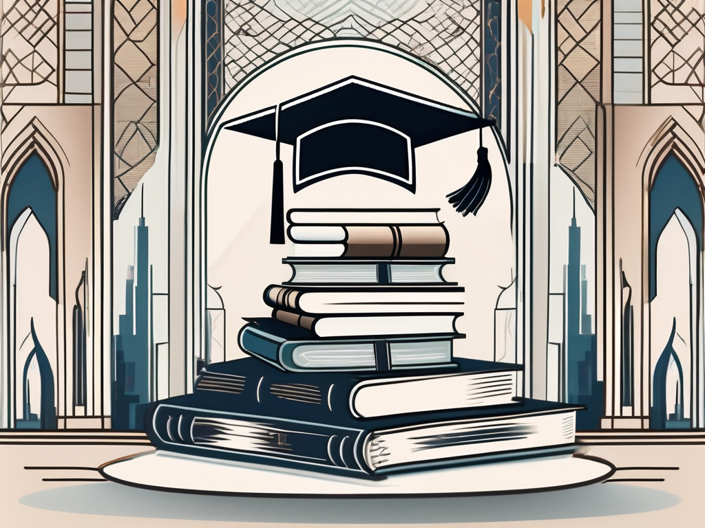 A balanced scale with a graduation cap and a book on each side