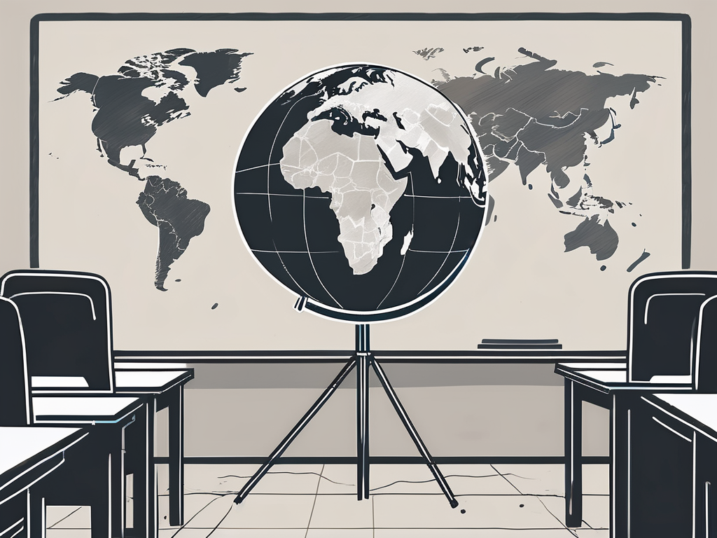 A classroom scene with a globe focusing on china and the philippines