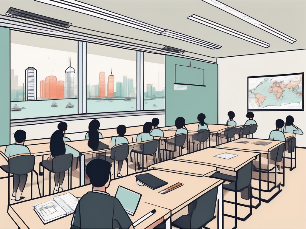 A classroom scene with an iqts (interactive quality teaching system) in the foreground