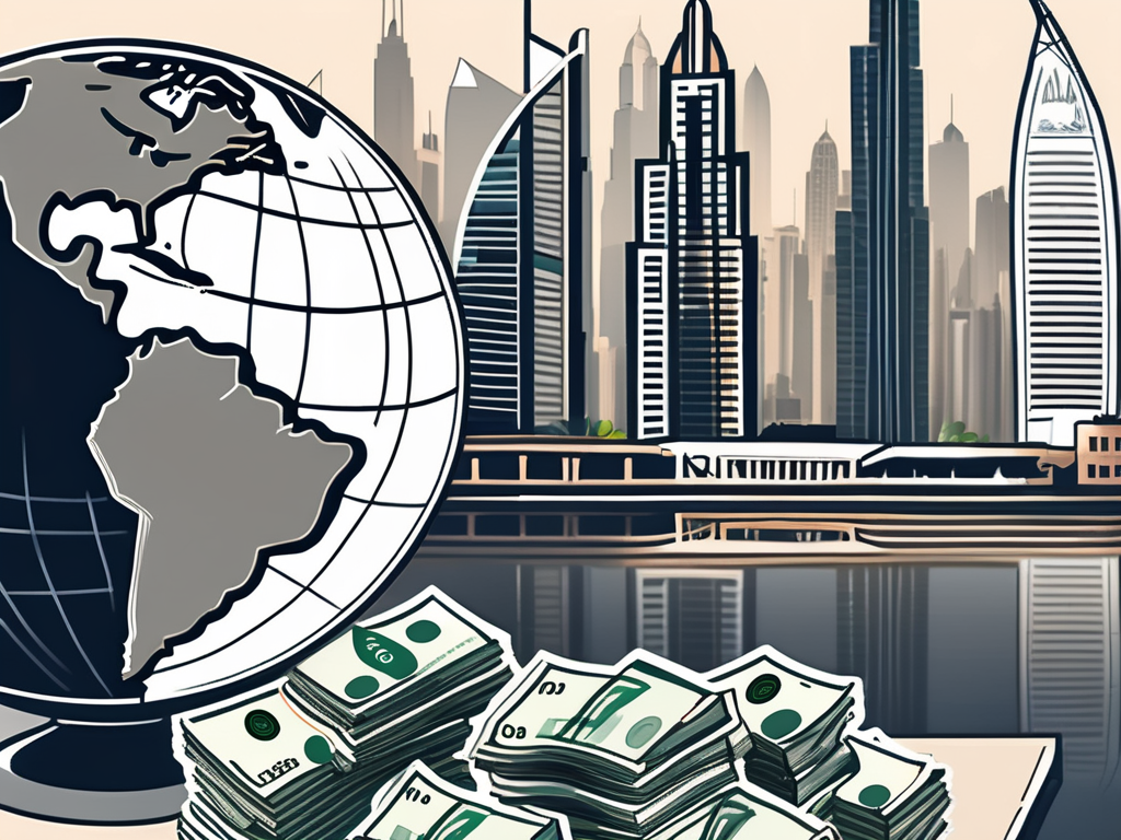 A stack of currency with a backdrop of dubai's iconic skyline