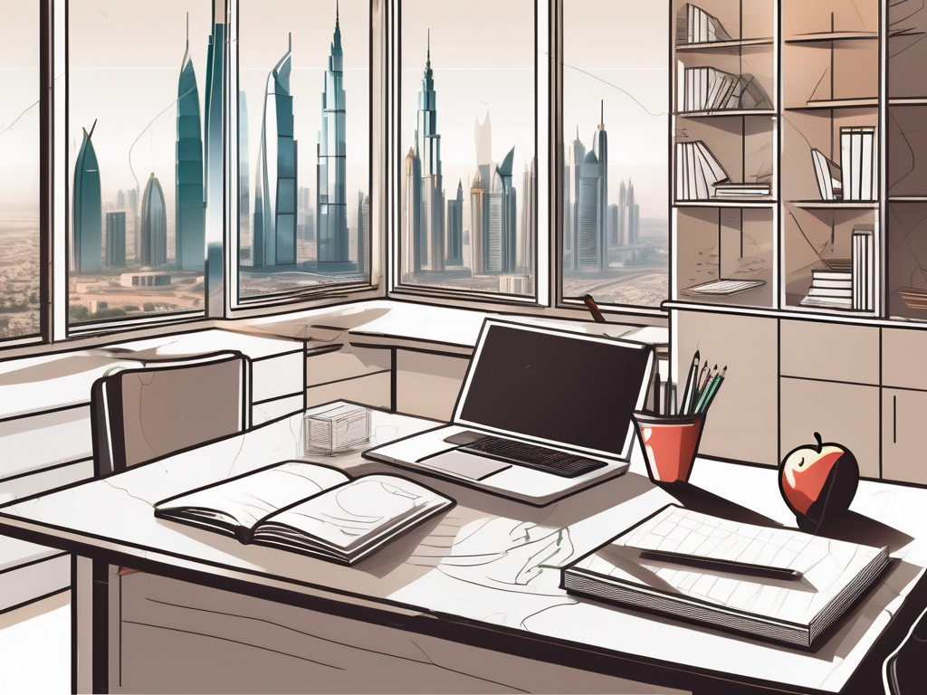 A classroom setting in dubai with a view of the city's skyline