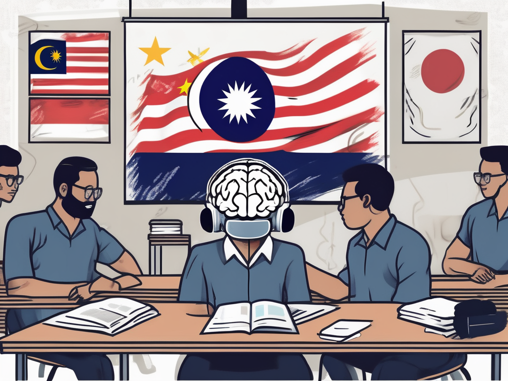 A classroom setting with a malaysian flag