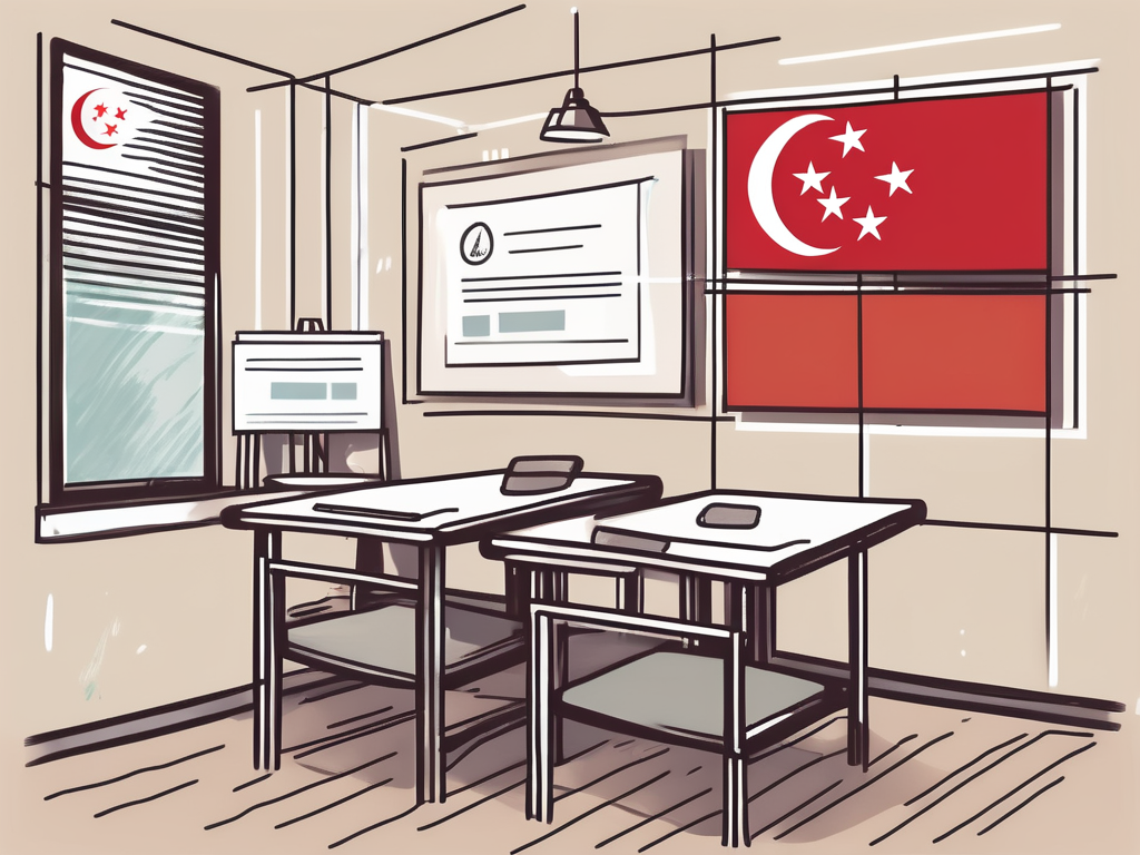 A classroom setting with a singaporean flag