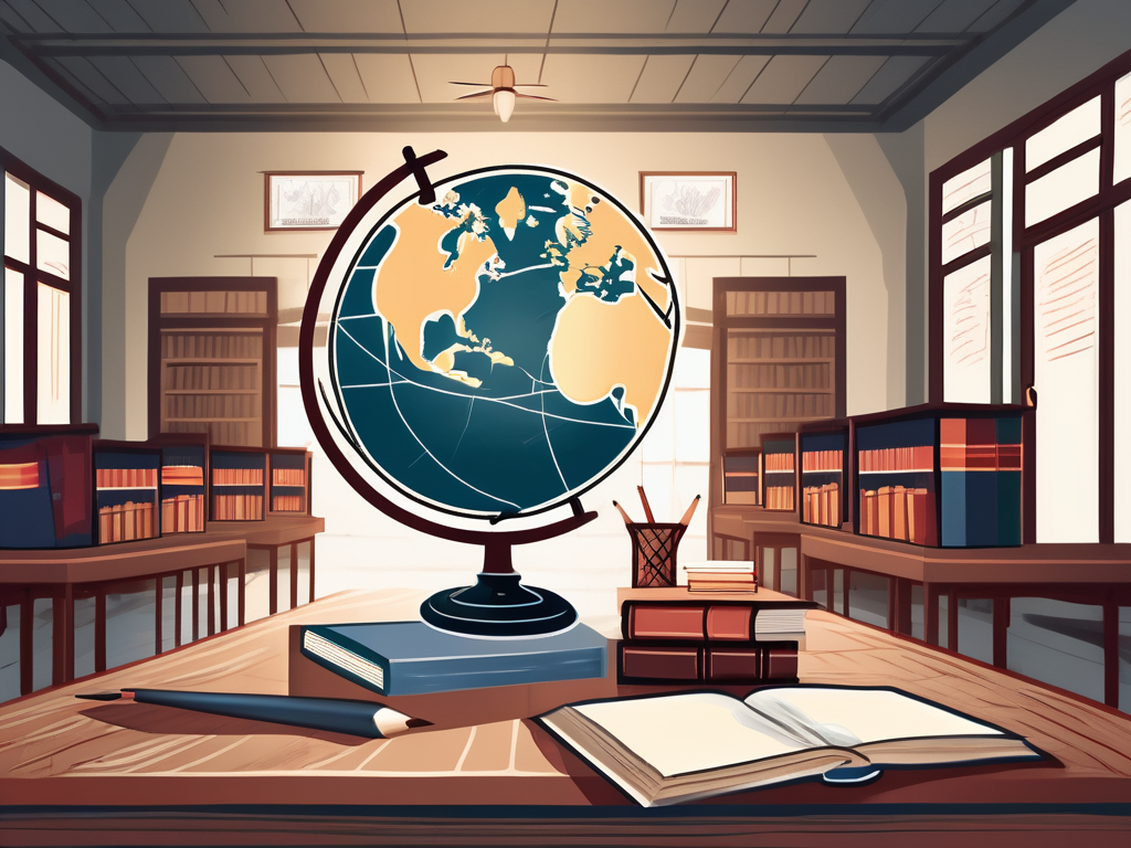 A traditional cambodian schoolhouse with a globe showing the location of cambodia