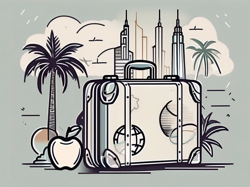 A suitcase open with symbols of teaching like an apple