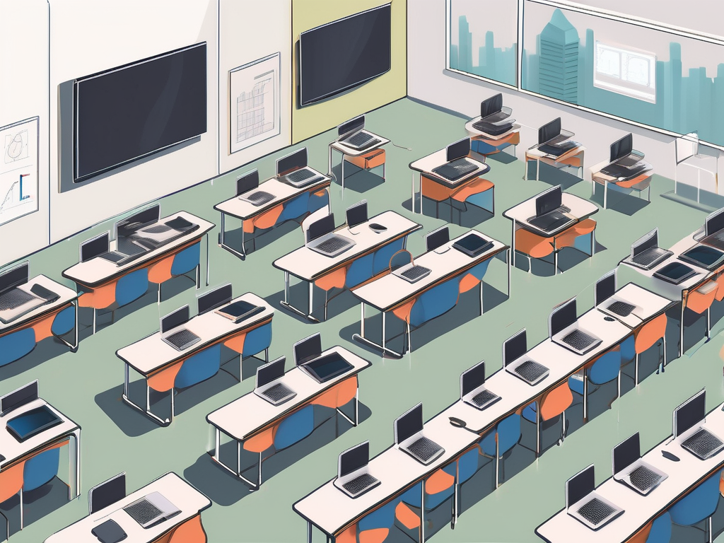 A modern classroom in hong kong equipped with an interactive quality teaching screen (iqts) and various technological tools such as tablets