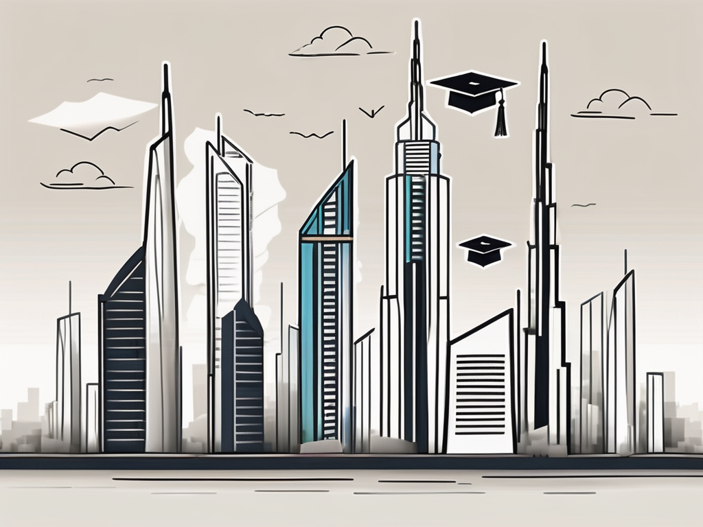 A symbolic representation of dubai's skyline with graduation caps floating in the air
