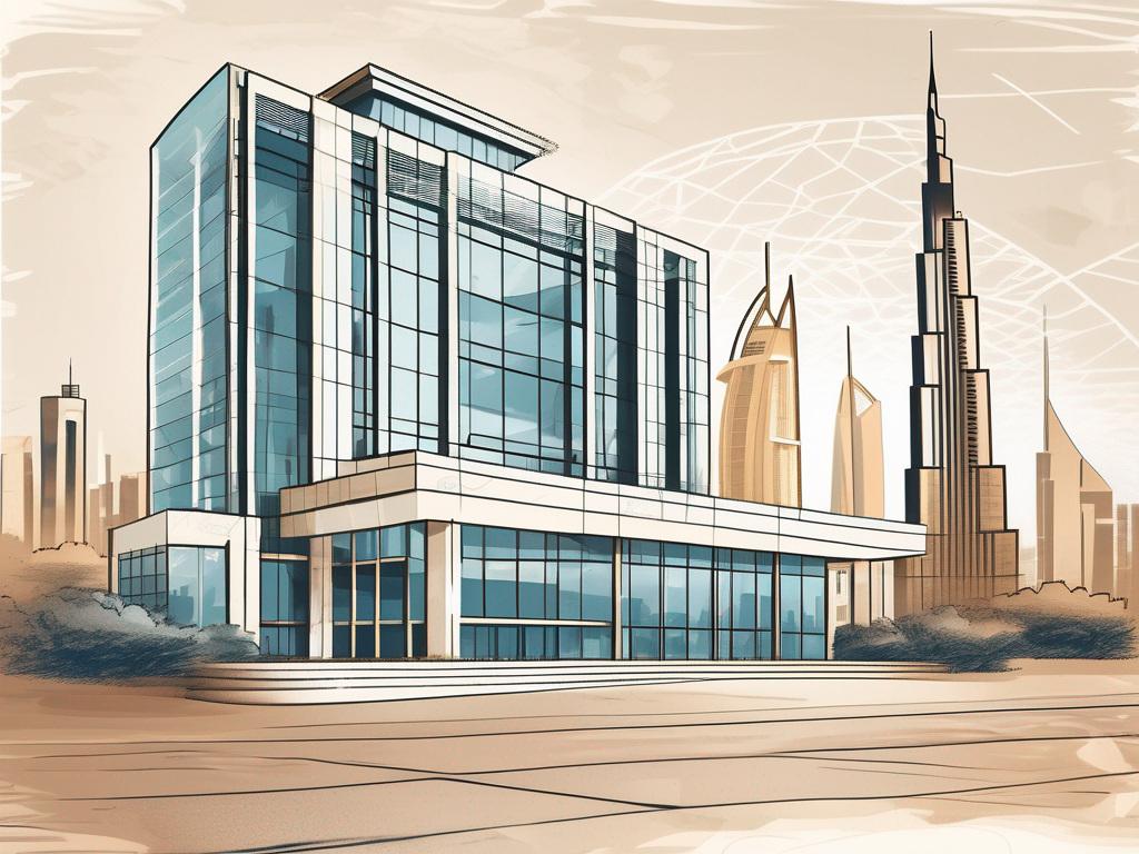 A modern school building in dubai with a background featuring iconic landmarks like the burj khalifa