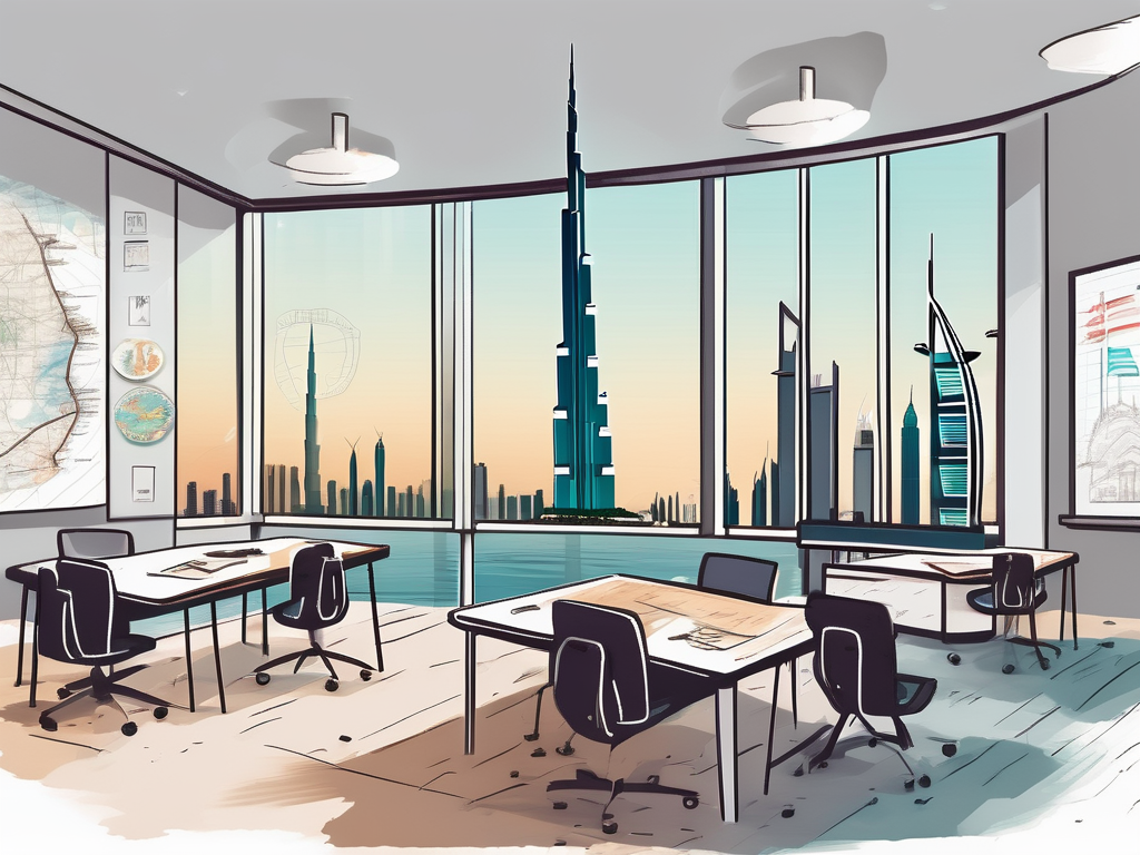 A modern classroom with a view of dubai's skyline