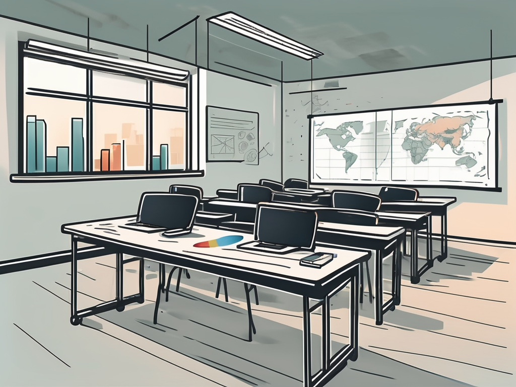 A classroom setting with diverse educational tools and symbols representing dubai and the philippines