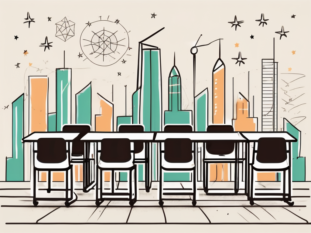 A classroom setting in dubai with various educational tools and hurdles on a track