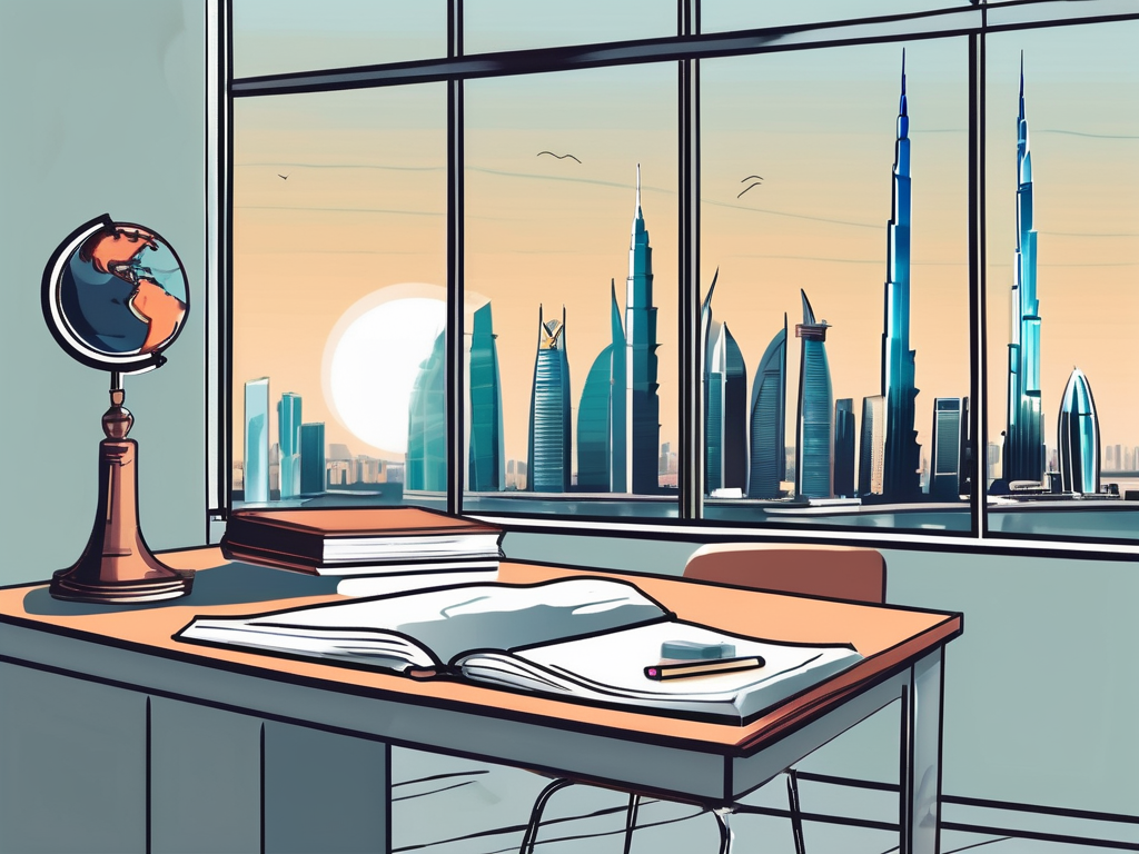 A modern classroom setting in dubai with a tefl (teaching english as a foreign language) book on the teacher's desk