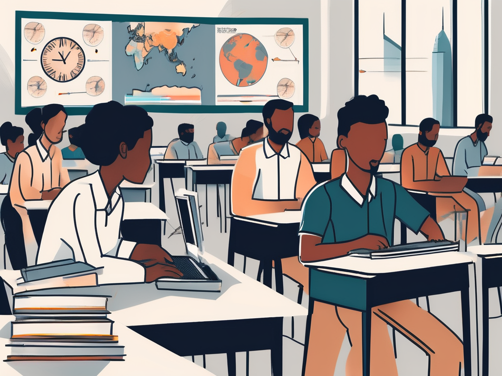 A multicultural classroom setting in dubai with various teaching tools and resources