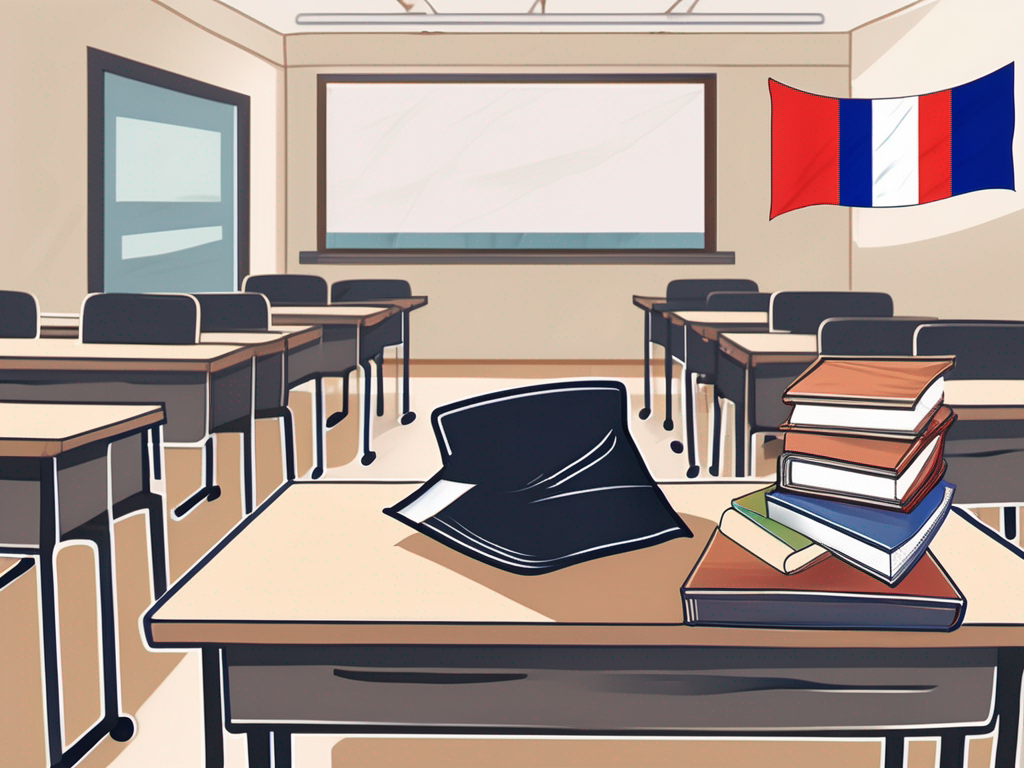 A classroom setting with tefl (teaching english as a foreign language) materials like textbooks and headphones on the desk