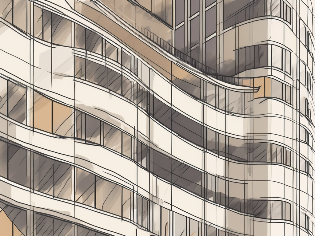 An international school building in new york with a timeline ribbon winding around it