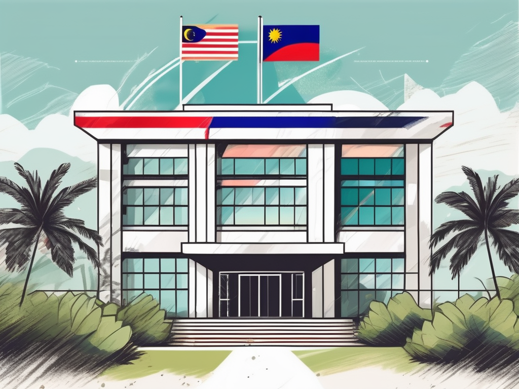 A school building with various international flags fluttering in the wind