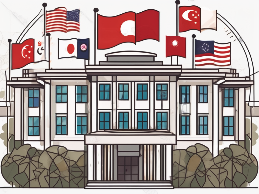 The singapore american school building with various symbols of academic excellence such as a microscope