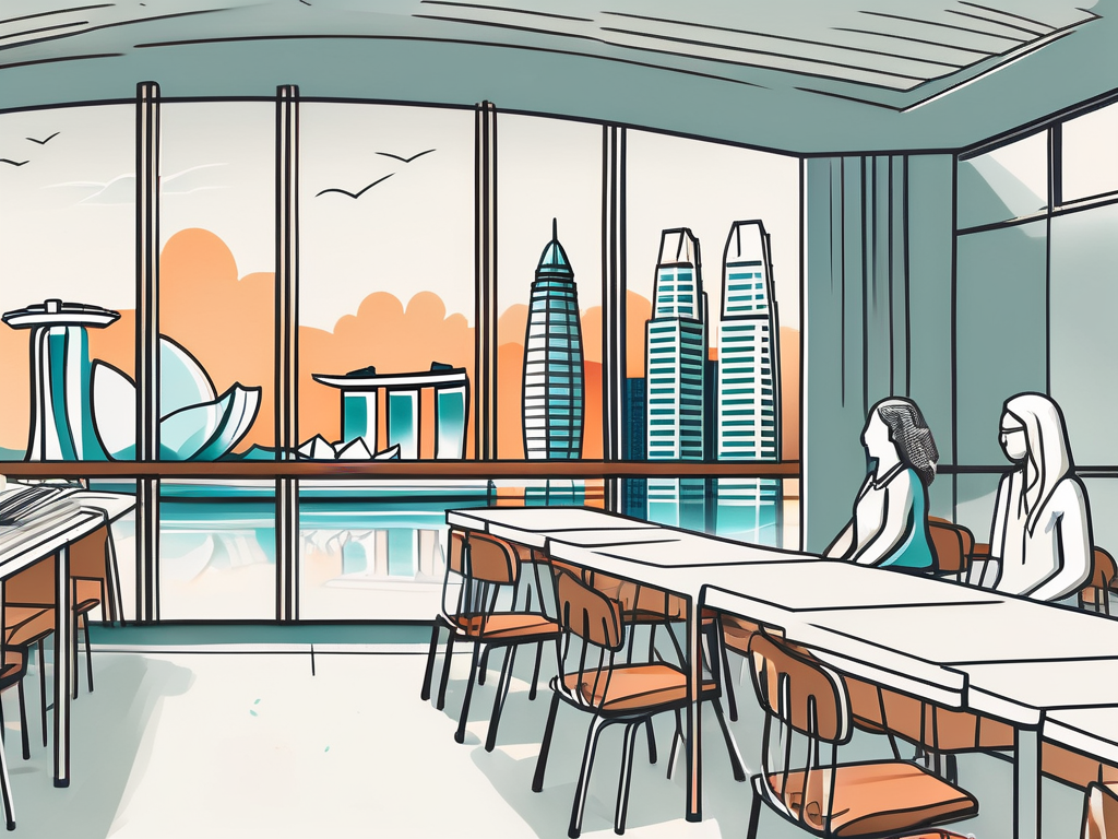 A classroom setting with iconic landmarks of singapore