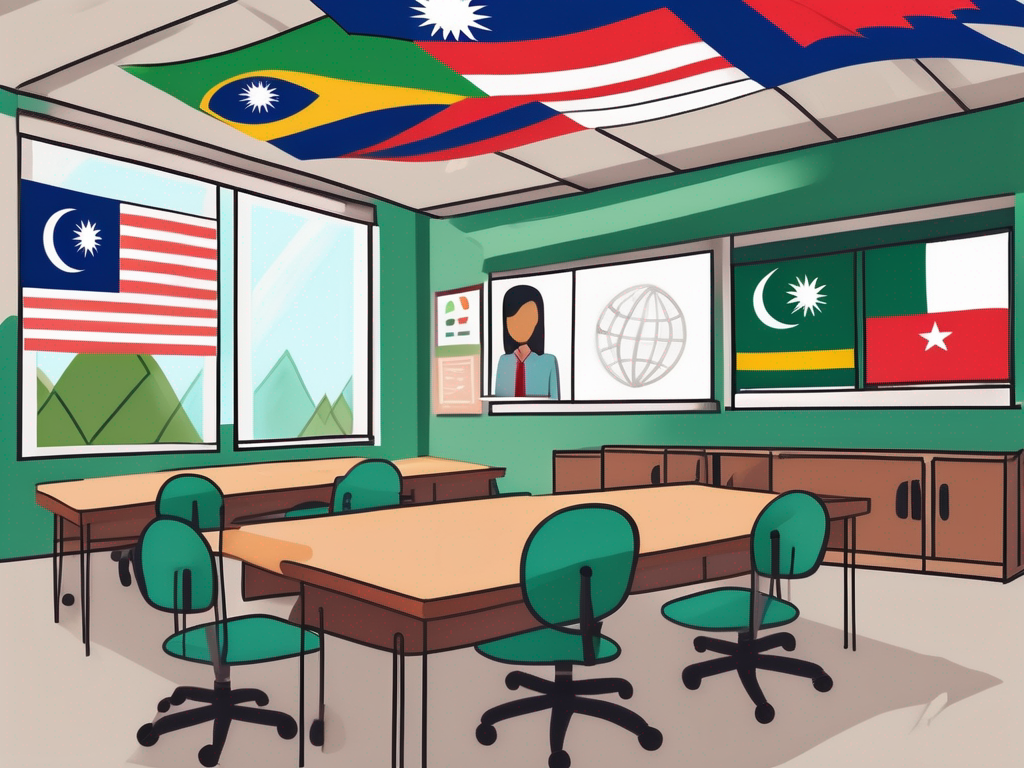 A classroom with international flags