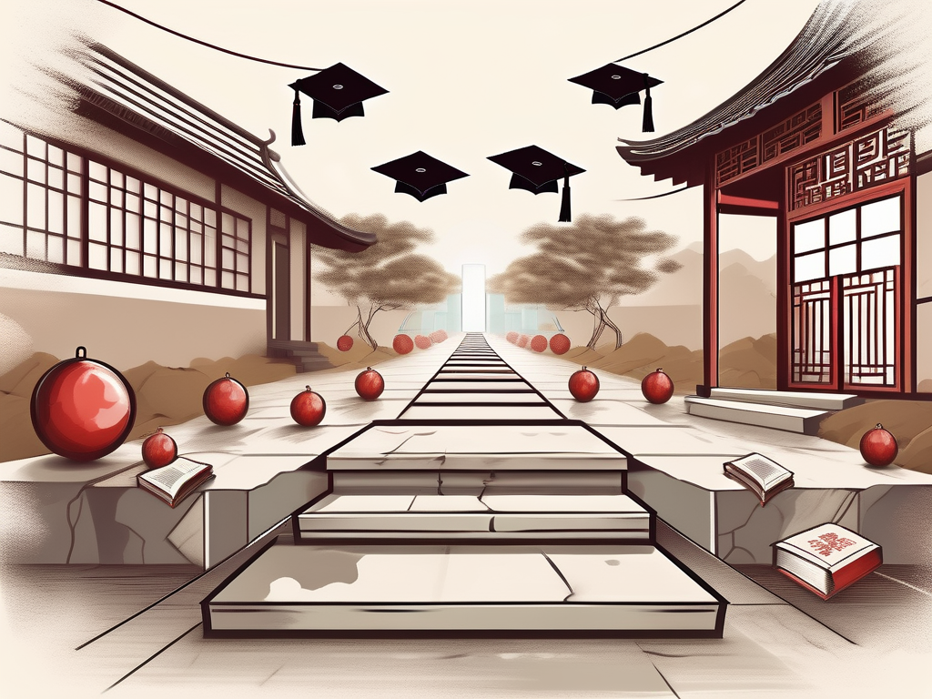 A symbolic pathway leading towards a traditional chinese schoolhouse