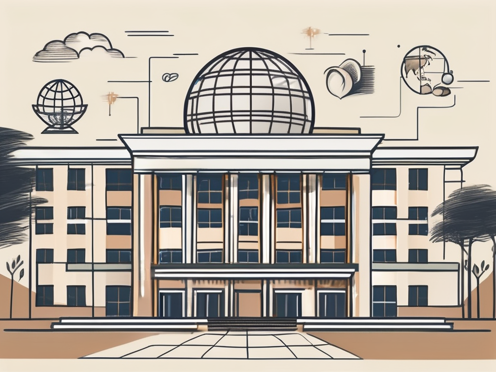 An international school building in indonesia with a symbolic timeline showing various educational symbols