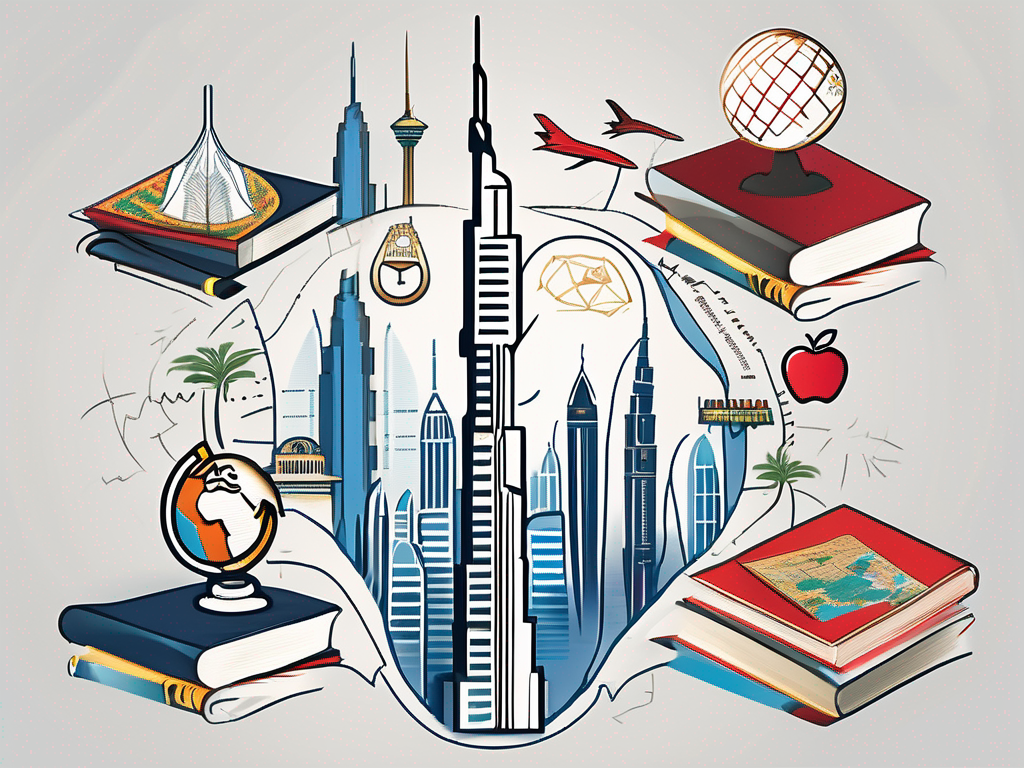 A diverse array of symbolic elements representing the education sector