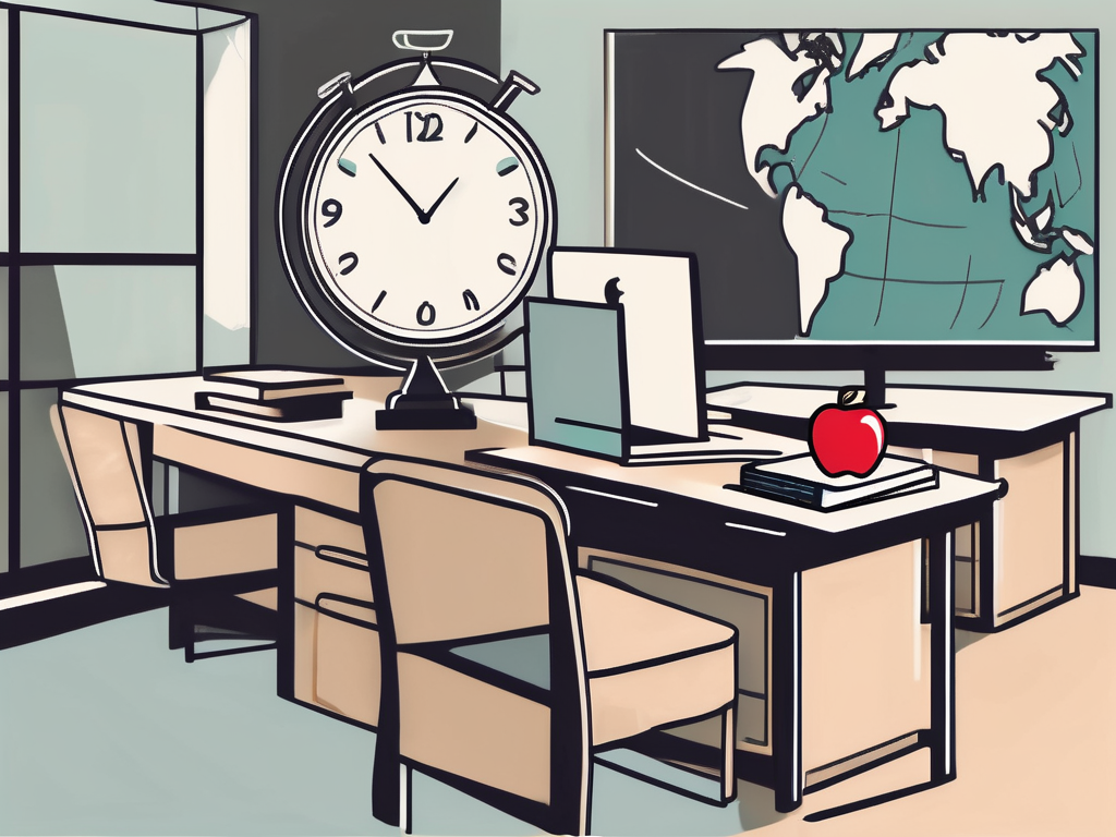 A classroom setting with an apple on the teacher's desk