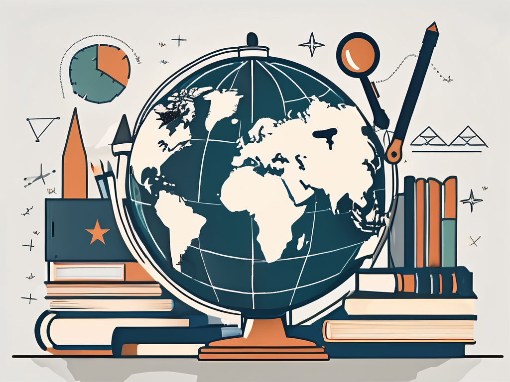 A globe surrounded by various educational tools like books