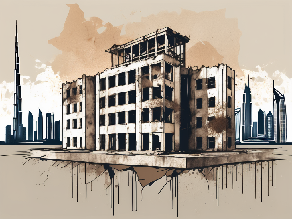 A crumbling school building with a backdrop of dubai's skyline