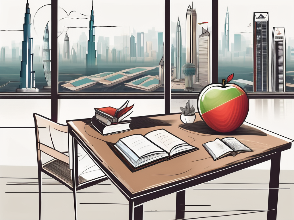 A classroom setting with iconic landmarks from the top 3 asian countries in the background