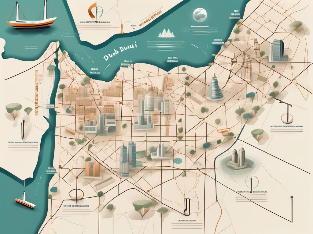 A diverse array of international teaching tools scattered on a map of dubai