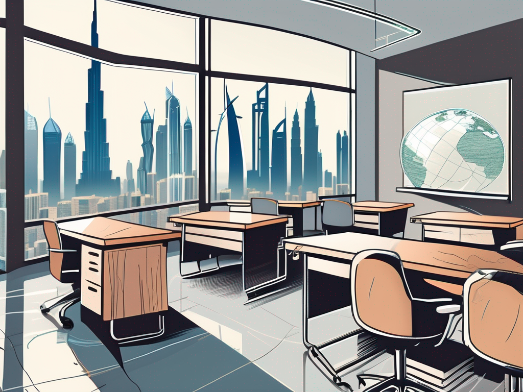 A modern classroom setting in dubai with a view of the city's iconic skyline